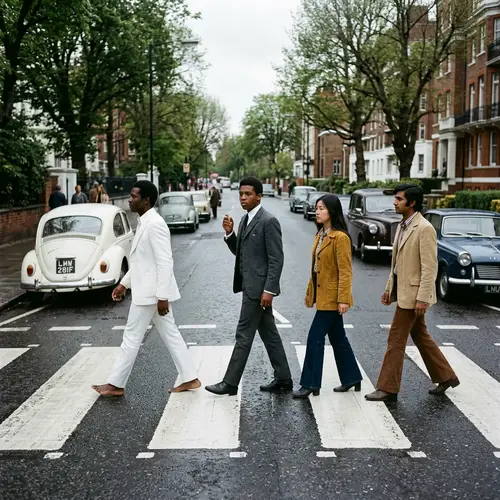 Late 1960s Fashion in City: Diverse Group Crossing Zebra Crosswalk
