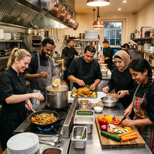 Diverse Chefs Cooking Delicious Meals in a Bustling Kitchen