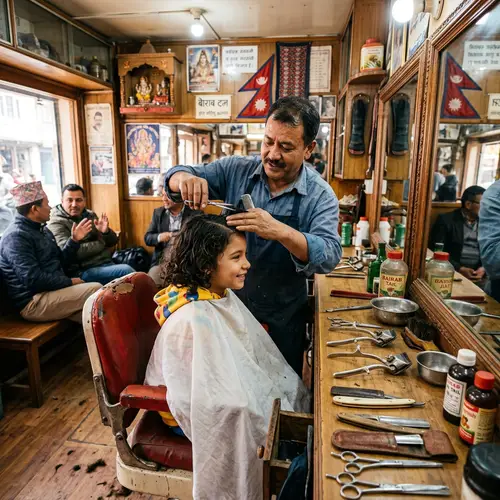 Charming Nepalese Barbershop Scene with Traditional Barber Tools