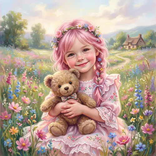 Young Girl in Soft Pastel Painting with Pink Hair & Teddy Bear