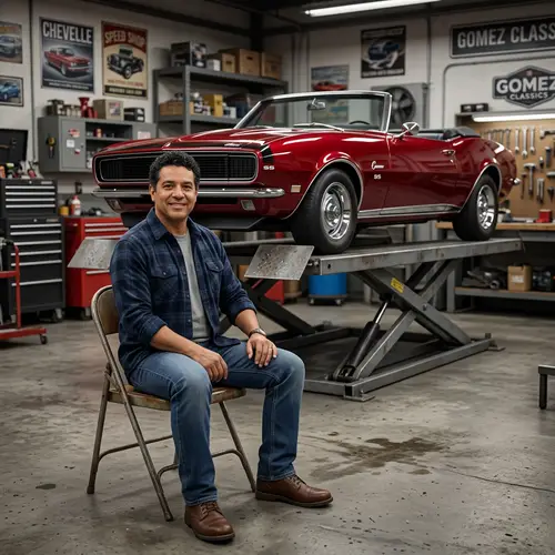 3D Image of Hispanic Man Sitting on Chair with Classic Red Convertible