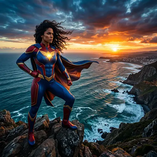 Dynamic Hispanic Superhero Overlooking the Sea