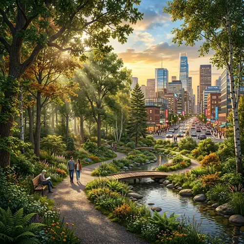 Serene 4K Ecological Park Rendering | Lush Greenery & Urban Contrast