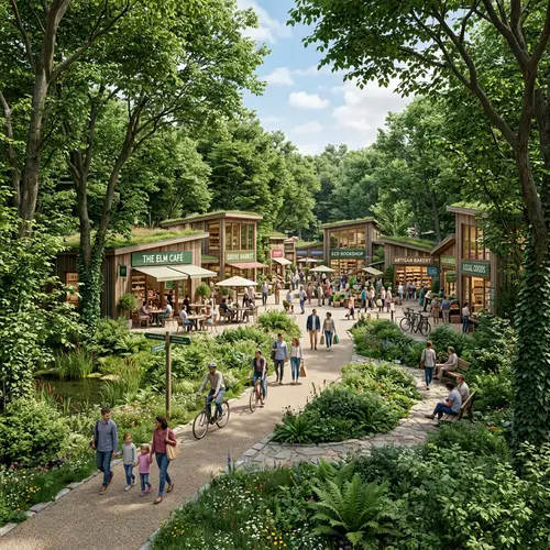 Eco-Friendly Park with Commercial Area and Tall Trees