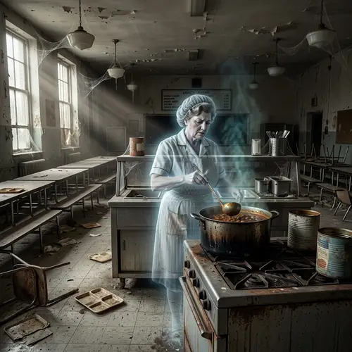 Abandoned School Lunchroom: Ghostly Lunch Lady Making Deathly Stew