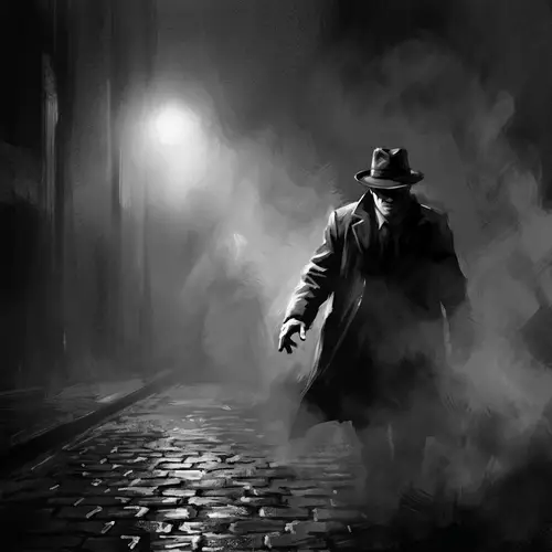 Mysterious Figure Emerging from Dense Fog | Noir Thriller Art