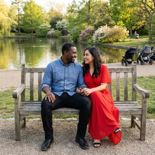 Interracial Couple Sitting on Park Bench | Love in Nature