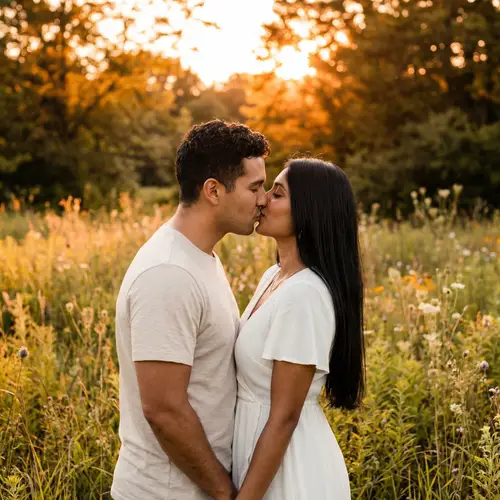 Romantic Sunset Kiss - Hispanic Man & South Asian Woman