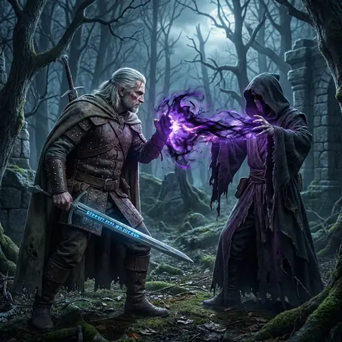 Epic Fantasy Battle: Silver-Haired Warrior vs. Malevolent Witch