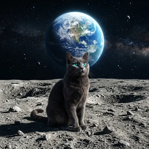 Charcoal Grey Cat Sitting on Moon | Celestial Lunar Landscape