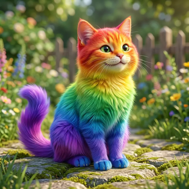 Smiling Rainbow Cat: 3D Feline in Vibrant Rainbow Colors