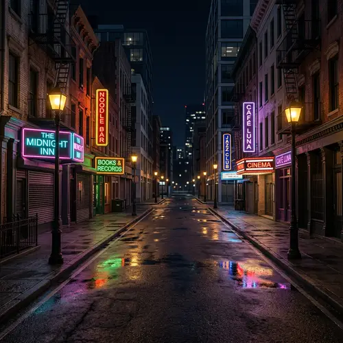 Empty City Streets: Flickering Neon Lights & Tranquil Silence