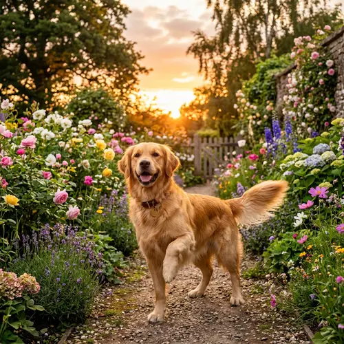 Jovial Golden Retriever Enjoying Outdoors in Serene Garden