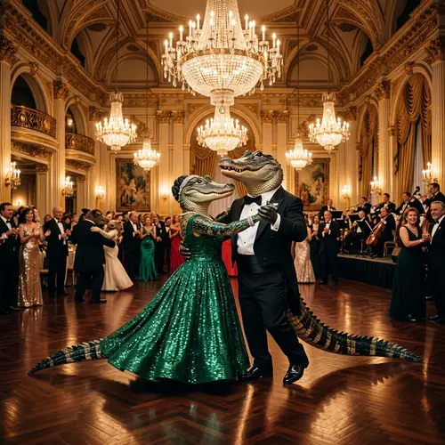 Elegant Alligator Dancing in a Grand Ballroom