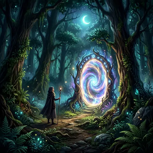 Mystical Forest Scene with Glowing Portal