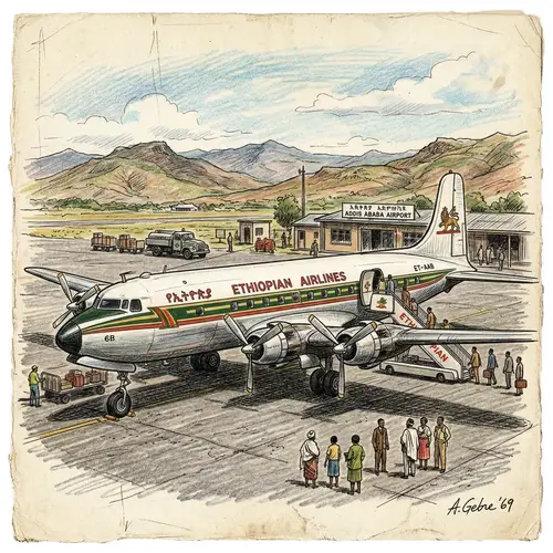 Vintage Ethiopian Airlines Airplane Illustration