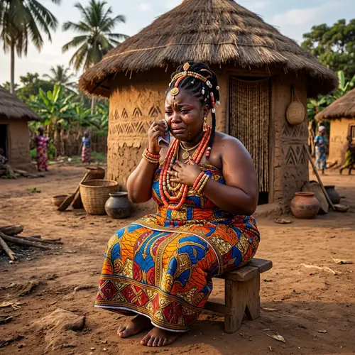 Sorrowful African Princess Crying in Traditional Village Hut