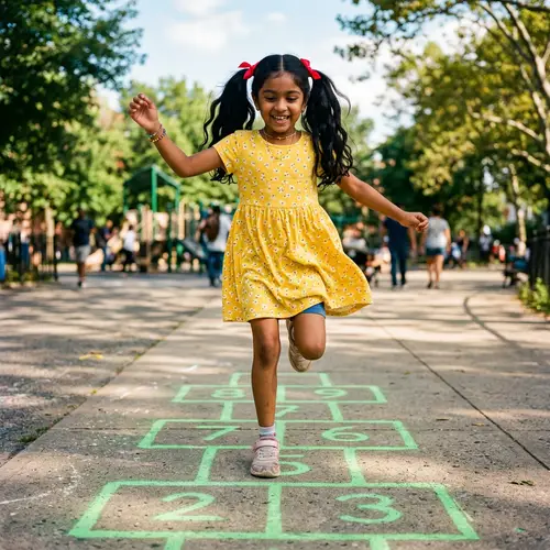 Joyful South Asian Girl Playing Hopscotch on Sunny Sidewalk