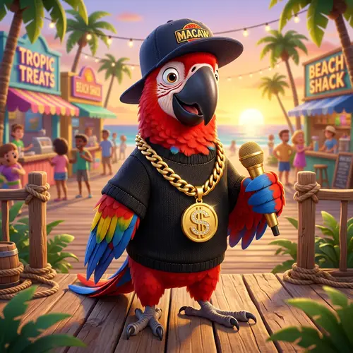 Red Animated Macaw with Gold Chain and Black Sweater