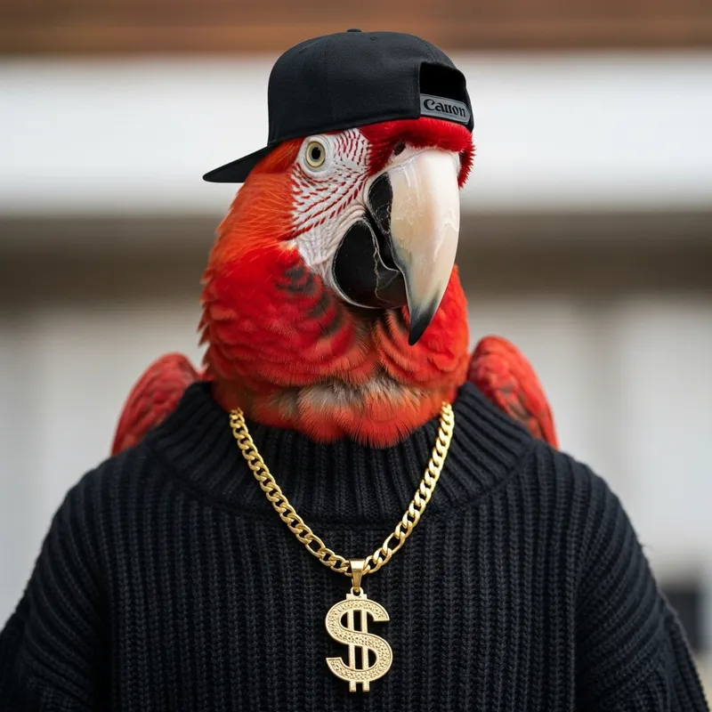 Red Animated Macaw with Gold Chain and Black Sweater