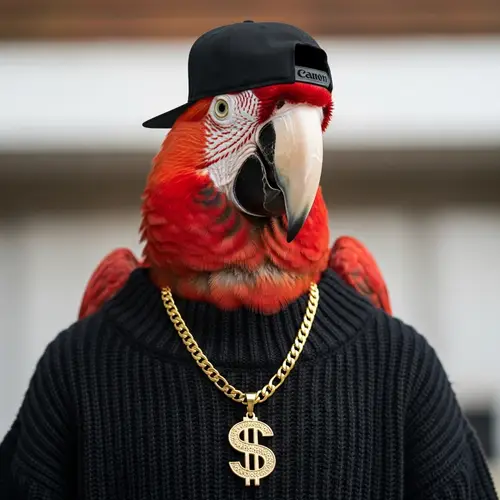 Red Animated Macaw with Gold Chain and Black Sweater