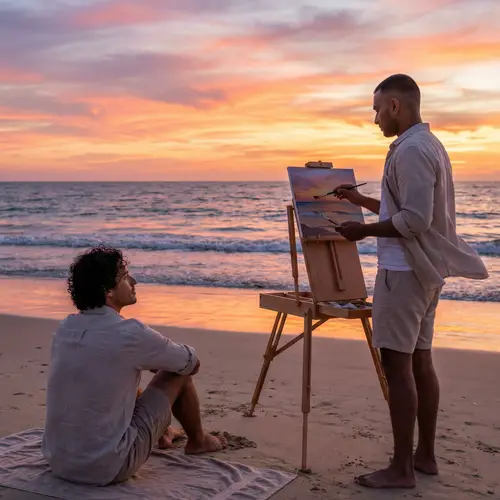Serene Beach Sunset: Two Men Capturing Nature's Beauty