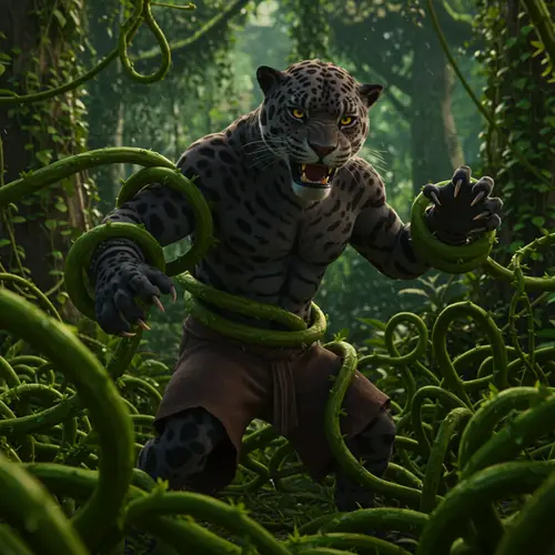 Anthropomorphic Jaguar vs. Vines - Epic Battle Scene