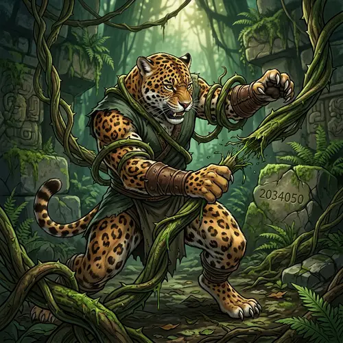 Anthropomorphic Jaguar vs. Vines - Epic Battle Scene