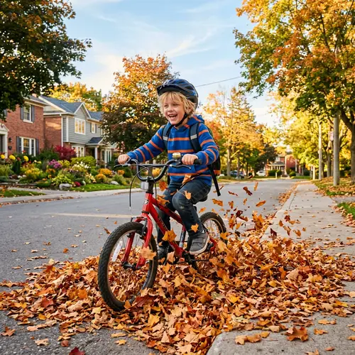 Blond Boy Biking Through Leaves on a Sunny October Day