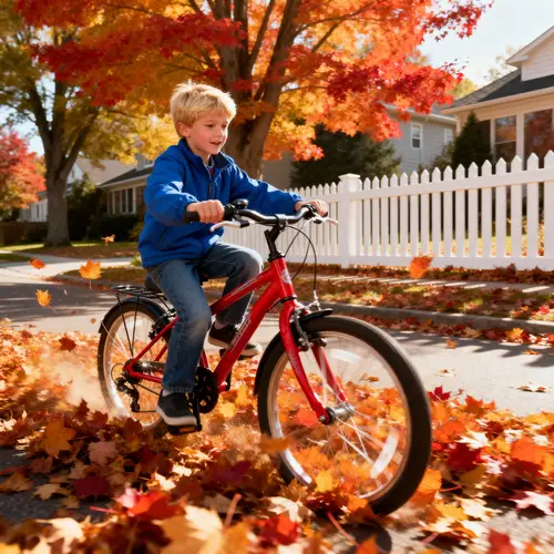 Blond Boy Biking Through Leaves on a Sunny October Day