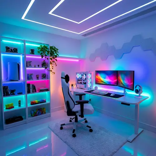 Modern White Room Setup with Vibrant RGB Lights