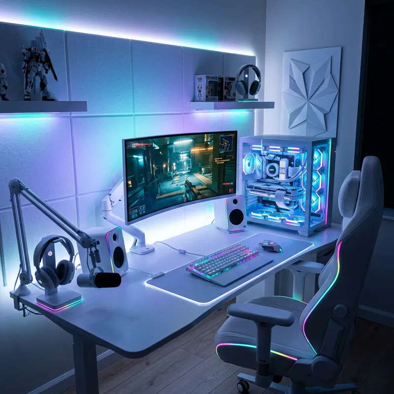 White Gaming Setup with RGB Light | Futuristic Style White Gaming Setup with RGB Light | Futuristic Style