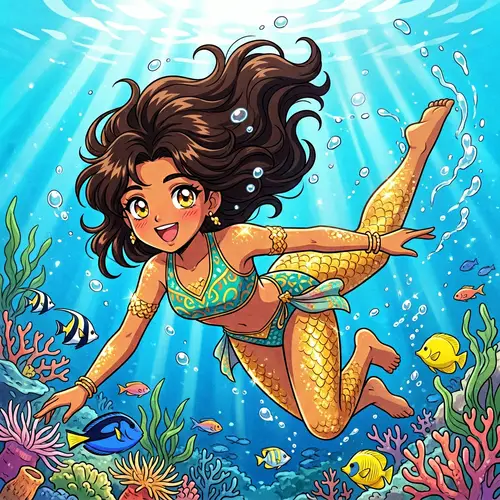 Cute Anime Girl Swimming with Golden Scales