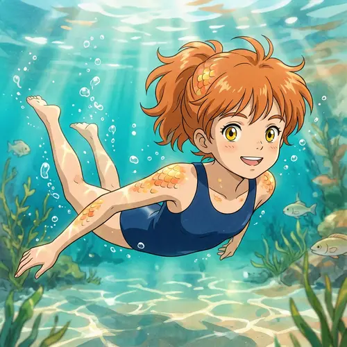 Cute Anime Girl Swimming with Shiny Scales