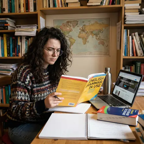 Italian Descent Student Studying English Grammar in Book-Filled Room