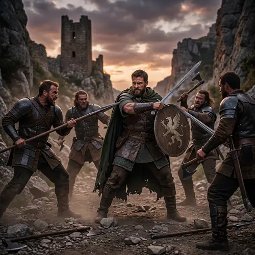 Courageous Man Battling Enemies | Action-Packed Image