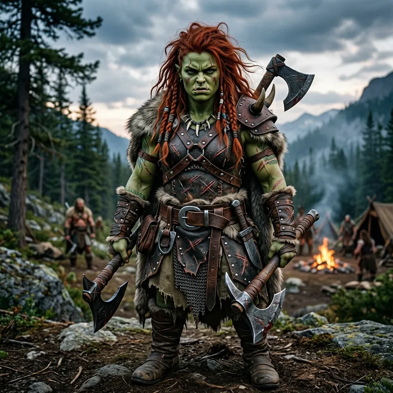 Fierce 16-Year-Old Half-Orc Female Barbarian with Green Skin