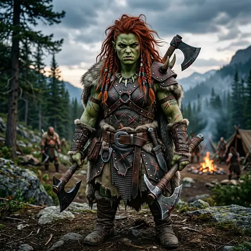 Half-Orc Female Barbarian with Green Skin & Red Hair