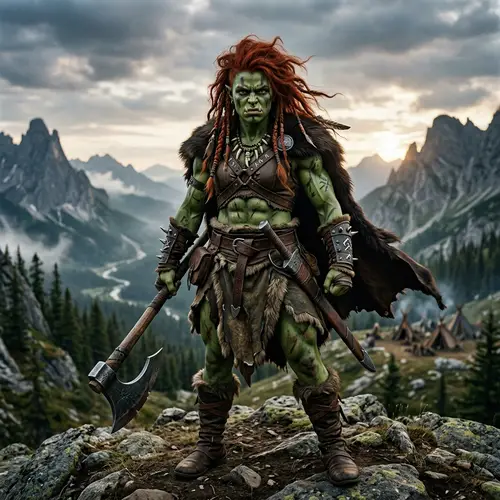 16-Year-Old Half-Orc Barbarian with Vibrant Green Skin and Fiery Red Hair