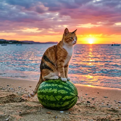 Cat on Watermelon Watching Sunset | Stunning Sea View