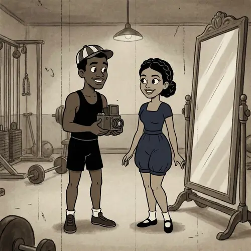 Cartoon Style Gym Selfie of Black & Hispanic 21-Year-Old Couple