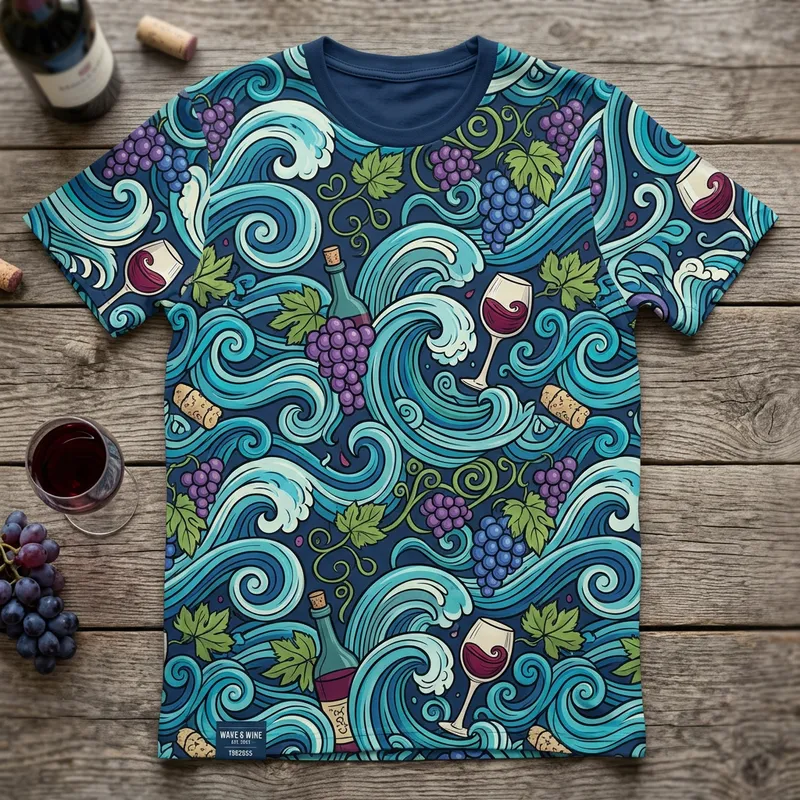 Trendy Wave & Wine Graphic T-Shirt