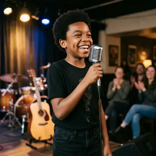 Smiling Boy with Passion for Singing in Black Clothes
