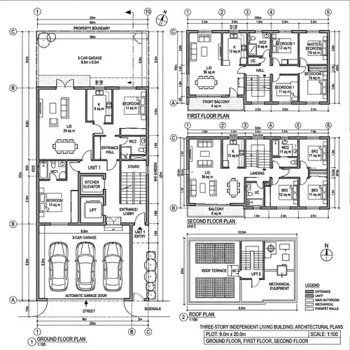 Three-Story Building Architectural Plan with Independent Living Units and Garage