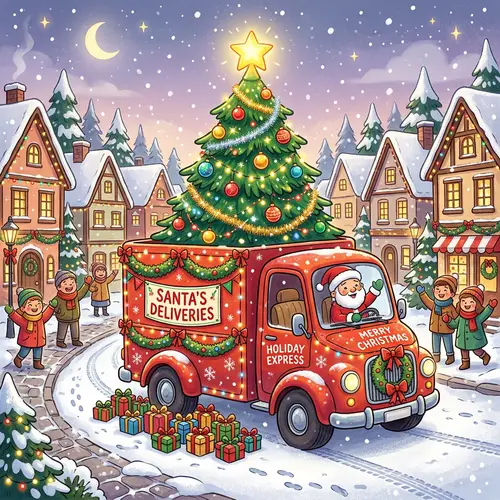 Cheerful Christmas Truck with Lush Green Tree and Presents