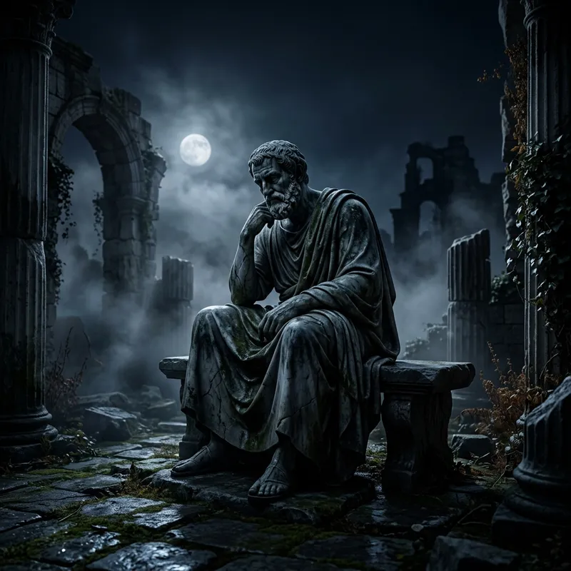 Dark Stoic Philosopher Statue in Moonlight