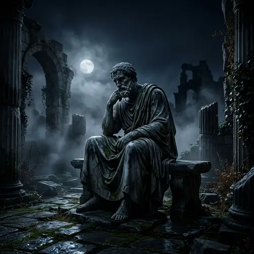 Dark Stoic Philosopher Statue in Moonlight