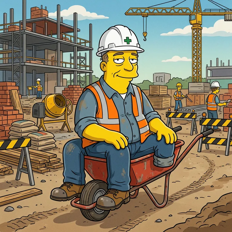 Safety-Conscious Cartoon Character in Wheelbarrow at Construction Site