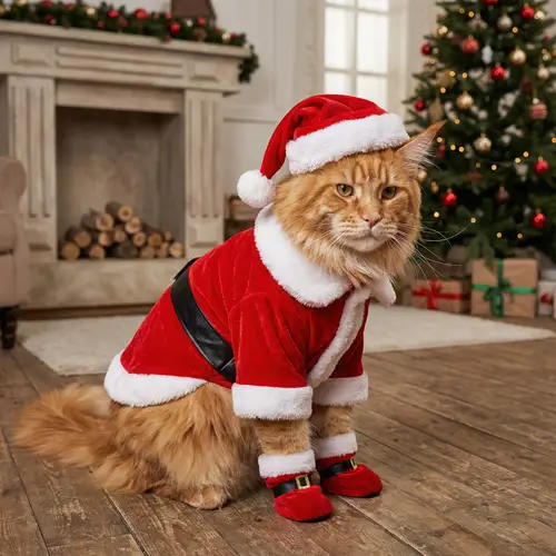 Orange Maine Coon Cat in Full Santa Suit