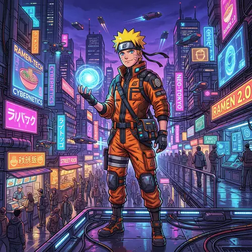 Cyberpunk Naruto Character in Futuristic Cityscape